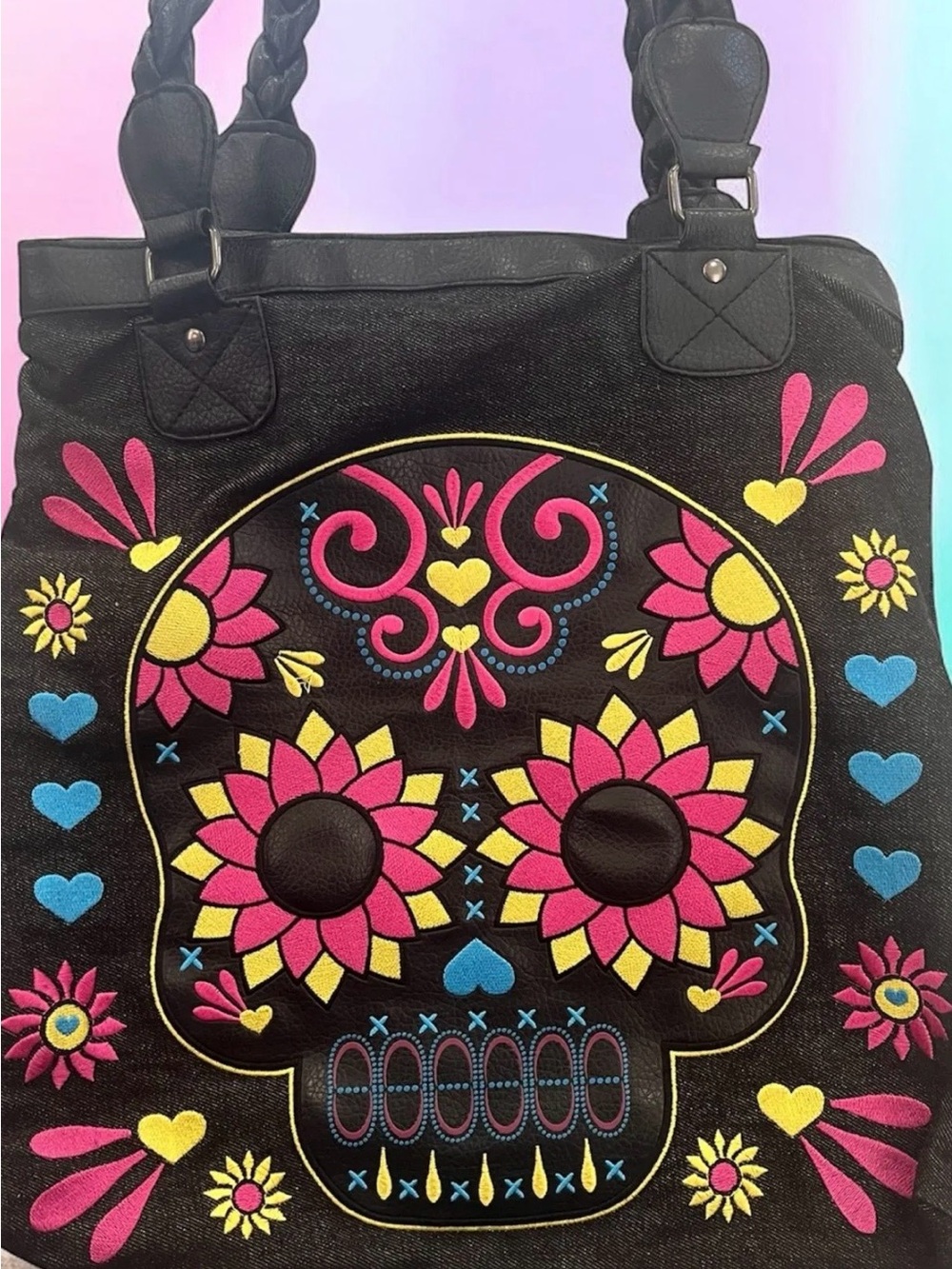 Loungefly Dia de Los Muertos Sugar Skull Motif Double Braided Straps Tote Bag